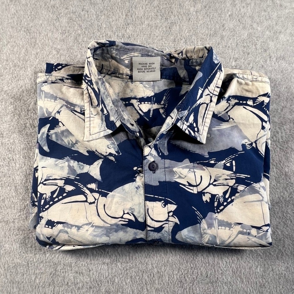 Rum Reggae Mens XL Blue White Tuna Fish All Over Print Cotton Short Sleeve Shirt